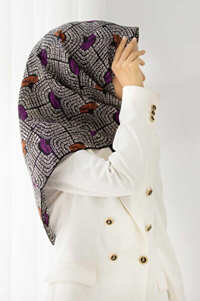 Vissona Eșarfă 100% mătase twill cu model geometric, culoare prună - negru, 9...