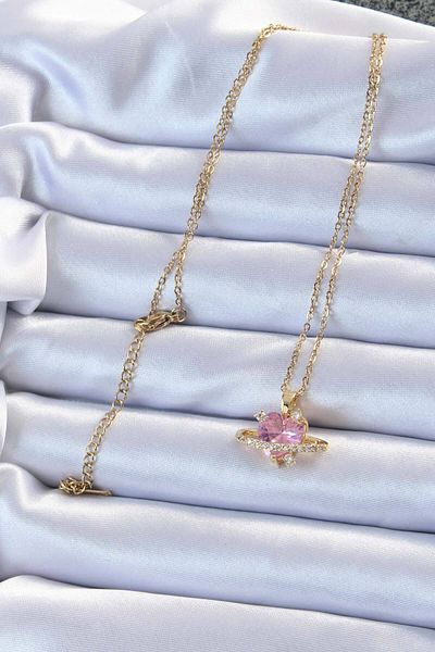 Skygo 316L Steel Chain Gold Color Pink Zircon Stone Saturn Look Heart Necklace - Tj-Bko9220