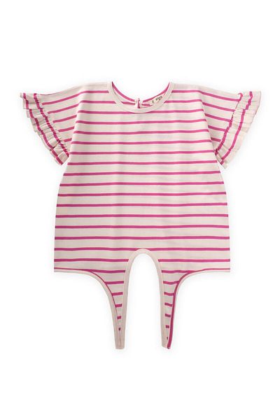 Cigit Striped Tie-Up Girl's T-Shirt 3-10 Years Fuchsia Striped