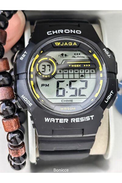Jaga 45MM Havuz Deniz Kullanım,Işıklı,Takvimli,Kronometreli Siyah Silikon Dij...
