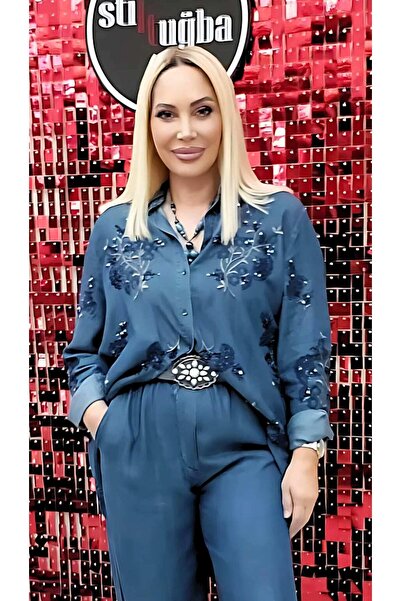 STLB Payet İşlemeli İnce Denim Lacivert Gömlek