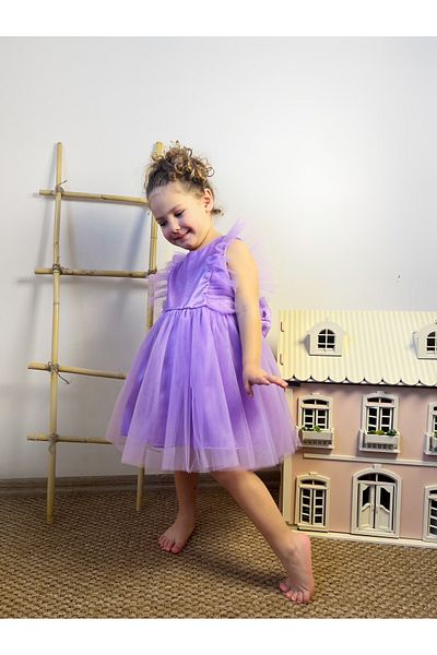 penu baby kids Lilac Foil Printed Sleeveless Tulle Ruffled Bow Girl's Baby Girl Dress