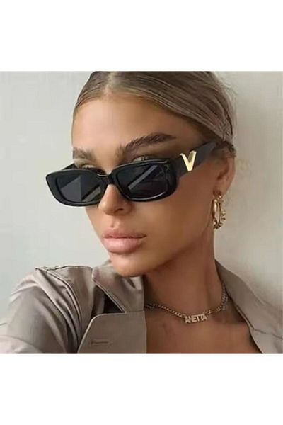 REDz Accessories Ochelari de soare dreptunghiulari, retro cu litera V, pentru femei, protecție UV400, negri