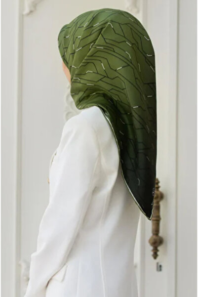 Vissona 100% حرير طويل نمط هندسي لون كاكي 90x90 وشاح طريقة الخياطة: خياطة يدوية