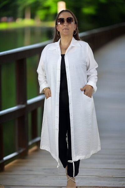 yagmurberen Buttoned Pocket Long Sleeve Drawstring Wrinkle Free Fabric Large Size Long Seasonal Safari Jacket