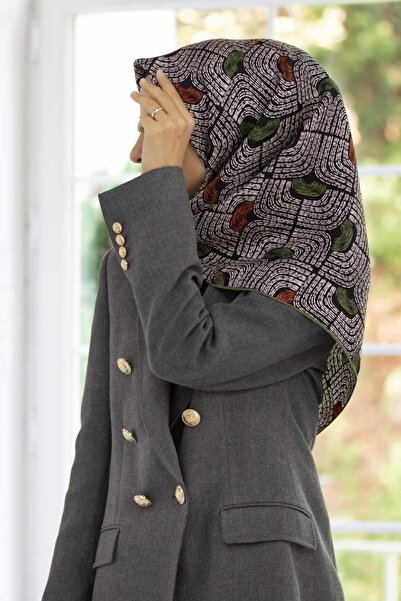 Vissona Eșarfă 100% mătase twill, cu model geometric, culoare bej-kaki, 90x90...