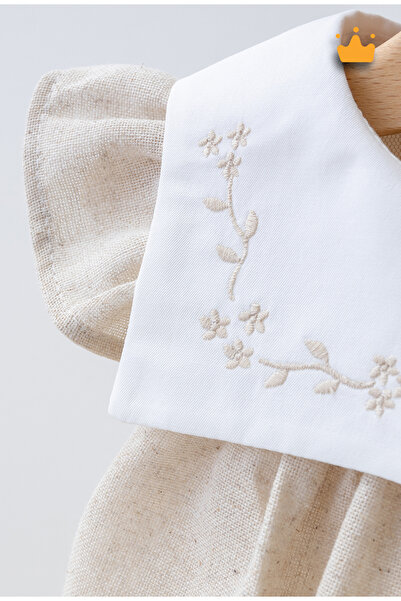 Mymio 0-24 Ay Kız Bebek Çocuk Nakışlı Yaka Detaylı Keten Yazlık Bayramlık Elbise 4197