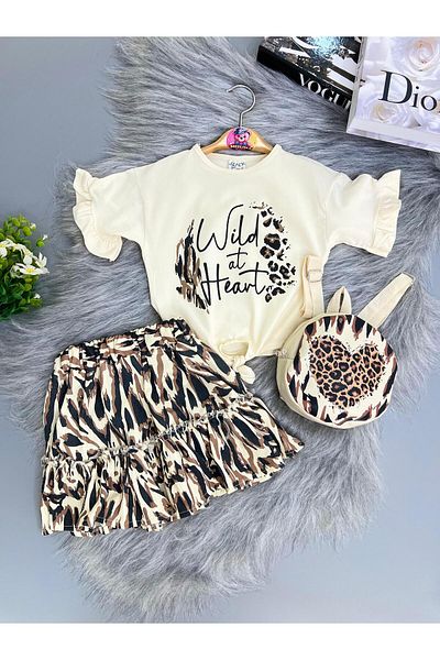 mislina kids Wild 3-Piece Girl's Combination (Oversize T-Shirt + Patterned Skirt + Bag) – 3/6 Years