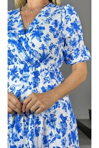 gesmoda G1413 Rochie cu modele florale din țesătură încrețită Albastru