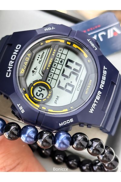 Jaga 45mm Pool Sea Use, Lighted, with Calendar, with Stopwatch Navy Blue Silicone Digital Sport Men Wrist Watch