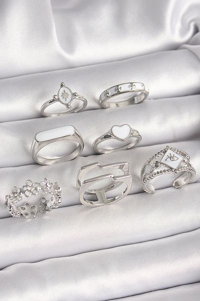 Skygo Brass Silver Color White Enamel Heart Flower Detail Women's Ring Combination - Tj-Byk3648