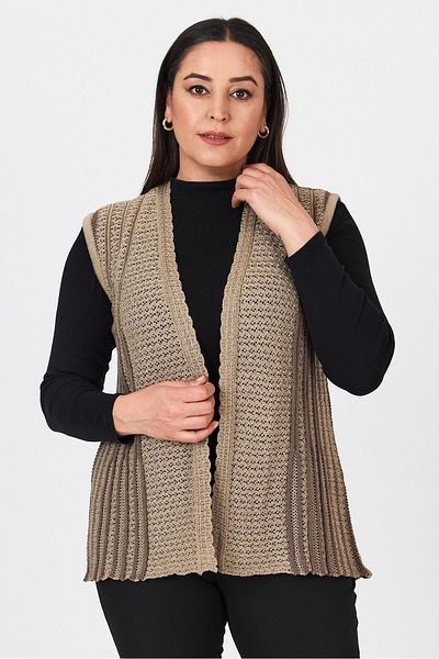 Uludağ Triko Women's Sand Double Color Openwork Embroidered Seasonal Knitwear Mother Summer Vest