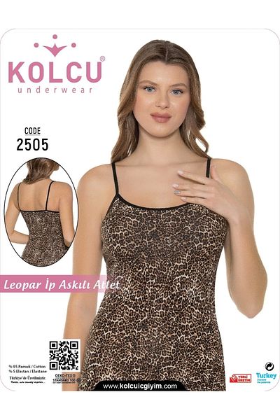 Kolcu Women's Thin Leopard Patterned Lycra Thin Rope Strap Premium Undershirt