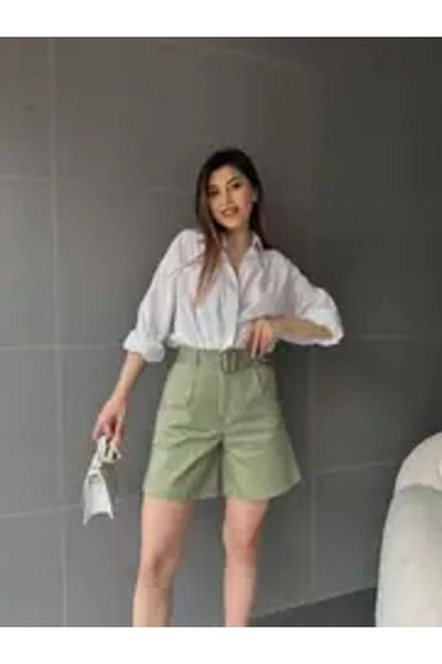 BRAXELL Bird Eye Belted Wide Leg Mom Shorts - Khaki