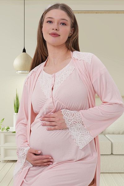 Mecit Pijama Mecit 6204 Pink Maternity Maternity Lace Dressing Gown Nightgown Set