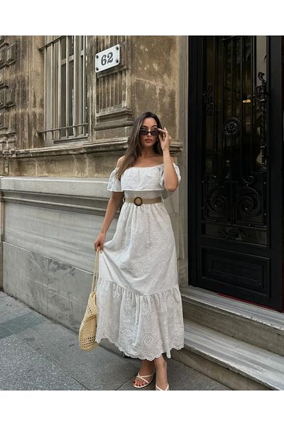 SUN STYLE Φόρεμα με λαιμόκοψη Madonna με λεπτομέρεια από εισαγόμενο βαμβακερό φιστό
