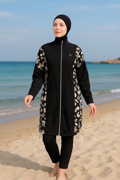 İYİBU Allsea Full Covered Hijab Swimsuit 4 Pieces Black Patterned - Water Repellent – Quick Dry – with Bustier