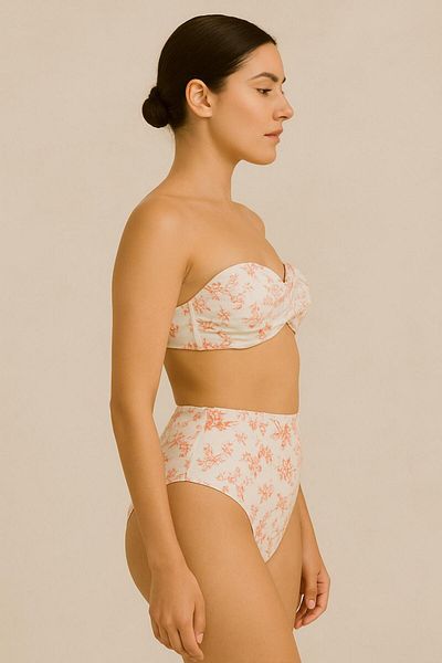 Pierre Cardin 241231 Women's Flower Filled Strapless High Waist Bikini Suit
