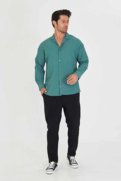 ZİNOX Men's Off Shoulder Twist Pattern Oversize Apaç Long Sleeve Collar Shirt