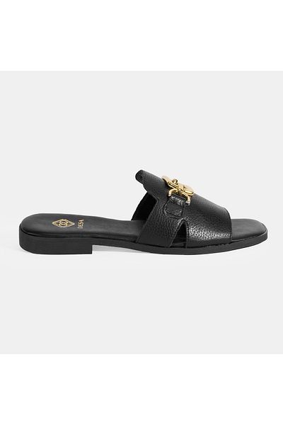 Desa Women's Black Leather Slippers with Metal Buckle Accessories