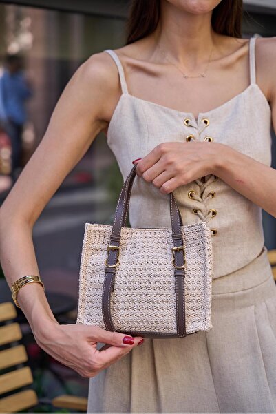 Madamra Cream Brown Women's Straw Detailed Buckle Hand and Shoulder Bag