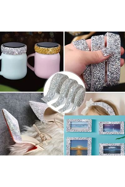 OZN AKSESUAR Iron-On Rhinestone Ribbon, Adhesive Rhinestone Ribbon Evening Dress Rhinestone Ribbon Stone Trim 2 Mt 1.5cm Colorful