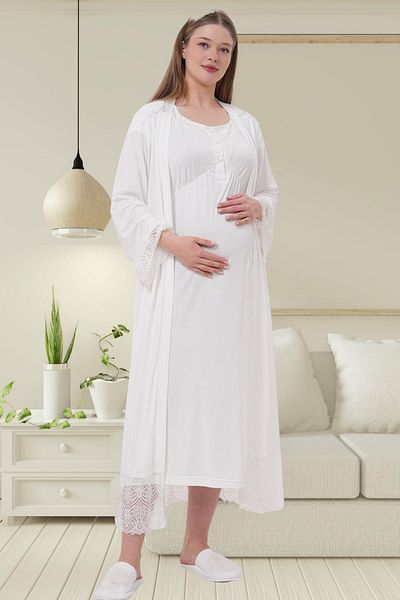 Mecit Pijama Mecit 6204 Ecru Maternity Maternity Lace Dressing Gown Nightgown Set