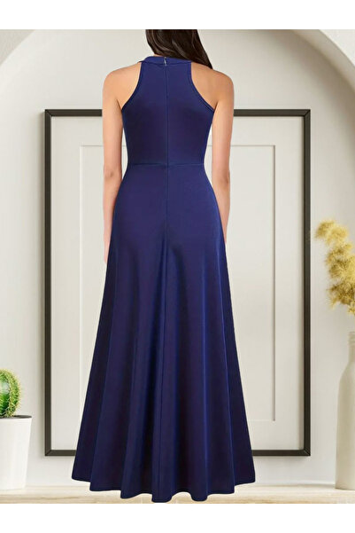 Genel Markalar Yeni Sezon Kadın halter yaka derin yırtmaç tam boy ithal krep kumaş şık abiye davet elbise