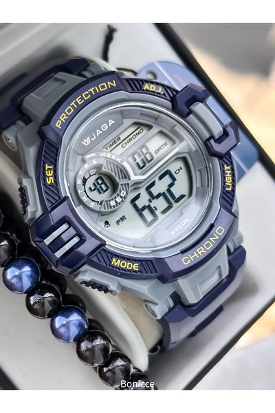 Jaga Waterproof, with stopwatch, suitable for pool use, dark blue Sports Digital Men's Wristwatch + bracelet
