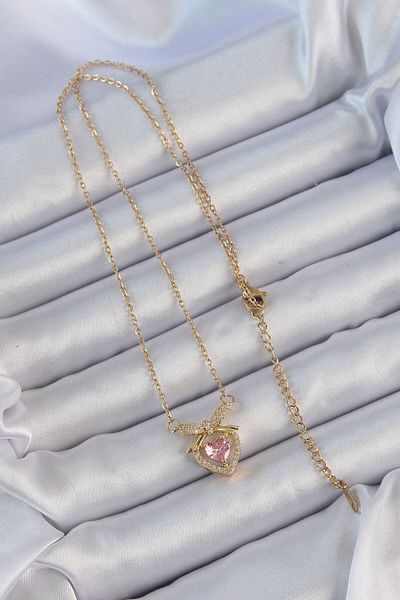Skygo 316L Steel Chain Gold Color Pink Zircon Stone Heart Necklace with Bow - Tj-Bko9173