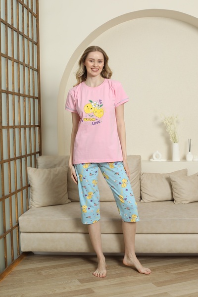 KAPİTEX Mother Daughter Short Sleeve Crew Neck Printed Lemon Pink Pajamas Set