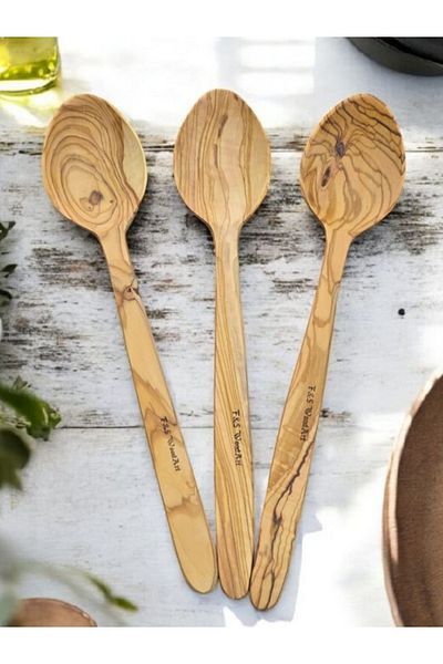 F&S WoodArt 3 Pieces of Erythe Olive Tree Natural Wooden Handmade Wooden Spoon Tablespoon 29 cm Cooking Spoon