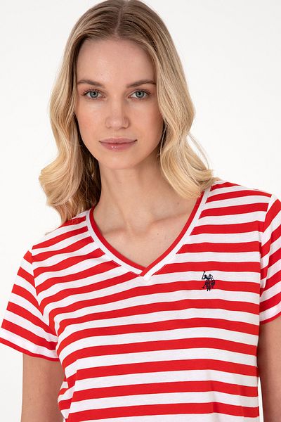 U.S. Polo Assn. Women's Red Striped V-Neck T-Shirt 50305902 -Vr030