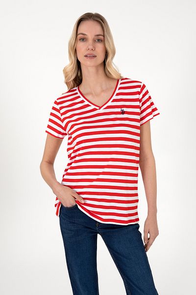 U.S. Polo Assn. Women's Red Striped V-Neck T-Shirt 50305902 -Vr030