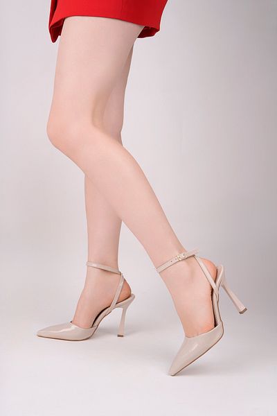 MARSHETTA Fiera Model Beige Patent Leather Pointed Toe Ankle Lace-Up Women's Thin Heeled Shoes Stiletto