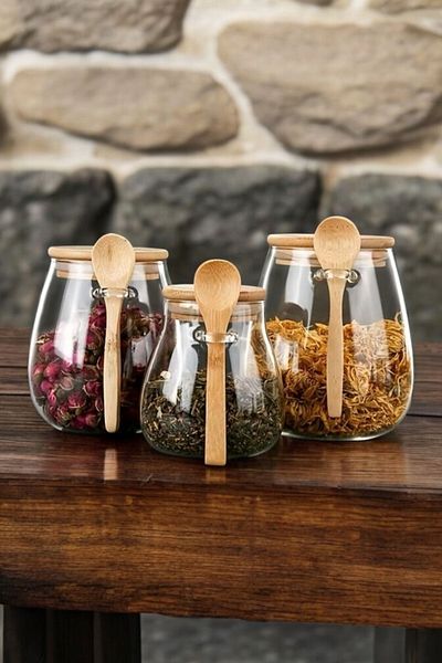 Qerhome Chubby 3-Piece Borosilicate Glass Bamboo Lid Jar Spice Set 350 -600-1000 ml