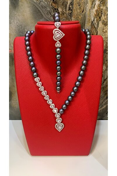 TRİA SİLVER Kalp Taş Detaylı Siyah İnci 925 Ayar Gümüş Kolye Küpe Yüzük Takım Kadın Takı Seti