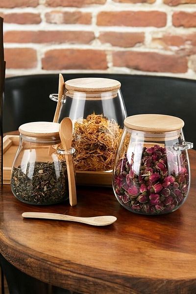 Qerhome Chubby 3-Piece Borosilicate Glass Bamboo Lid Jar Spice Set 350 -600-1000 ml