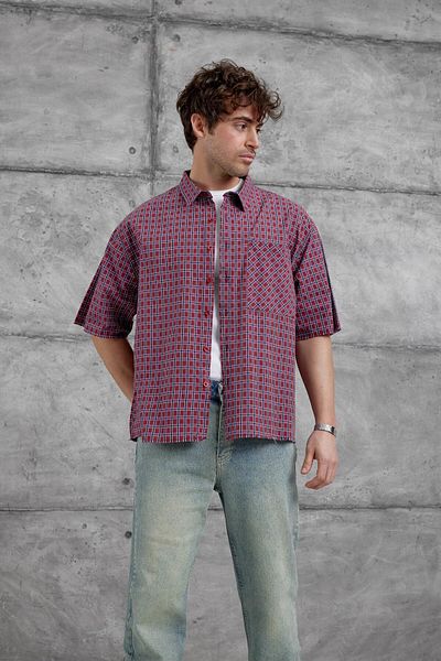 NOMARC Μπλε καρό κοντομάνικο πουκάμισο oversize