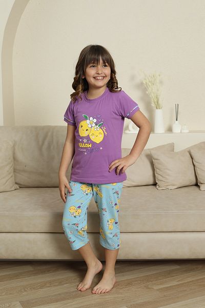 KAPİTEX Mother Daughter Short Sleeve Crew Neck Printed Lemon Purple Pajamas Set