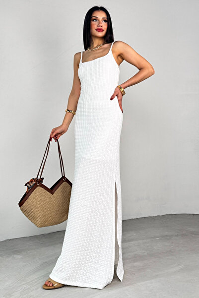 Cappmoda Elb-01782 White Thin Strap Knit Textured Long Dress