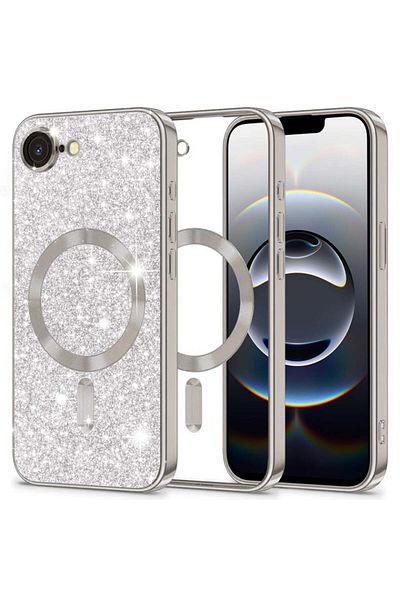 SKYDDAR INNOVATION Case for IPhone 16e, Luxury Glitter Magsafe, Shockproof, Raised Edges, Silver, sticker set