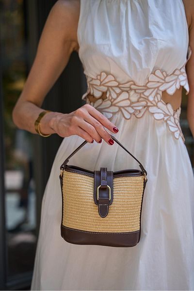 Madamra Brown Straw Women's Modern Design Buckle Hand and Shoulder Bag