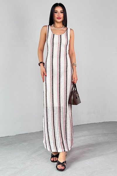Cappmoda ELB-01780 Κρεμ ριγέ πλεκτό καλοκαιρινό φόρεμα με υφή