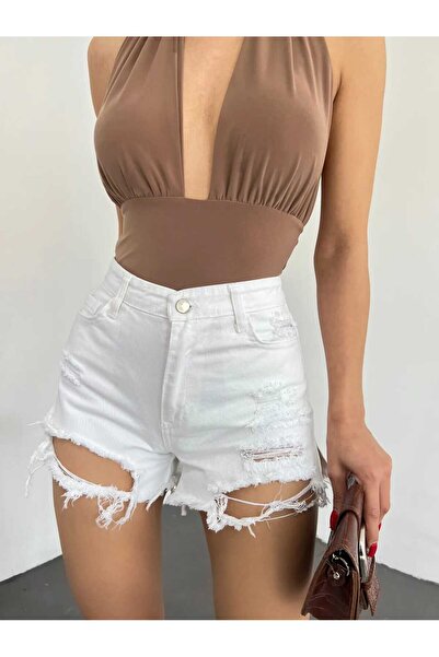 Zeliza Moda Evi Lazer Yırtık Detaylı Mini Kadın Kot Denim Şort
