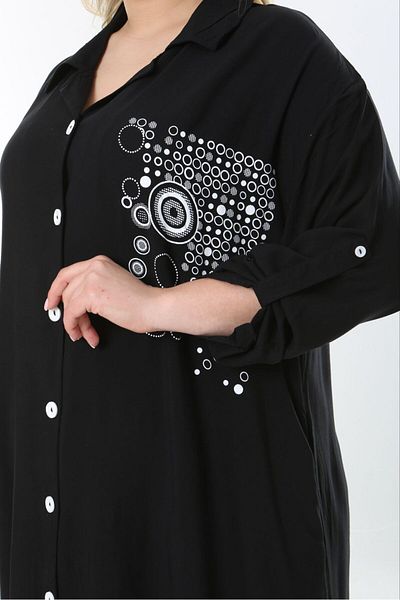 Şans Women's Plus Size Black, Front Length Button, Adjustable Sleeve, Long Dress 65N38959
