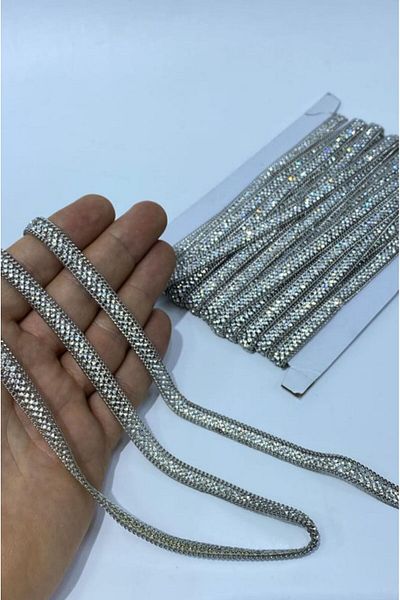 OZN AKSESUAR Iron-On Chain-Studded Strip, Adhesive-Studded Strip Evening Dress-Studded Strip, 2 Mt 1.5cm Silver