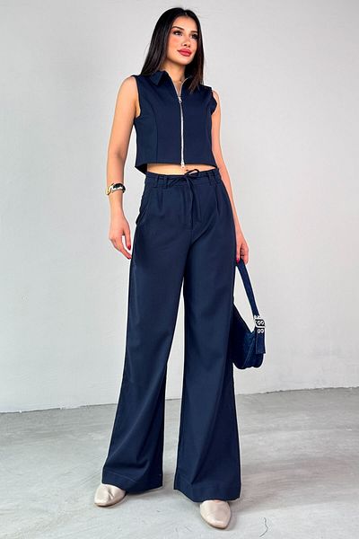 Cappmoda TKM-25102 Navy Blue Zero μανίκι πουκάμισο με φερμουάρ γιακά γιλέκο ψηλόμεσο παντελόνι δύο τεμαχίων