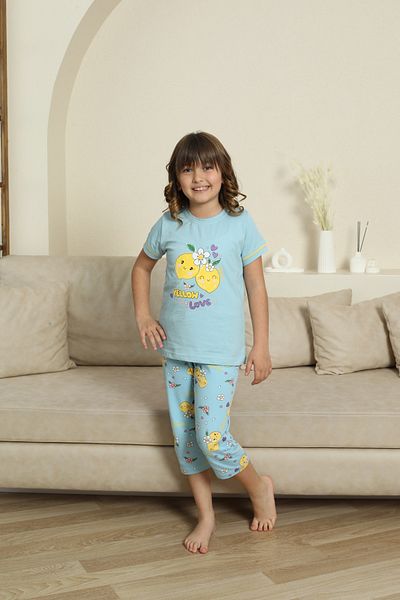 KAPİTEX Mother Daughter Short Sleeve Crew Neck Printed Lemon Blue Pajamas Set