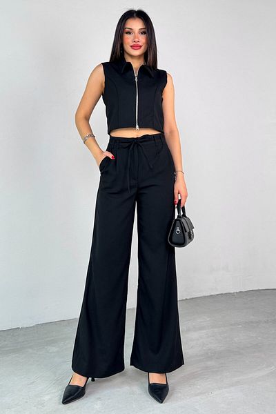 Cappmoda Tkm-25102 Black Zero Sleeve Zipper Shirt Collar Vest High Waist Pants Two-Piece Set